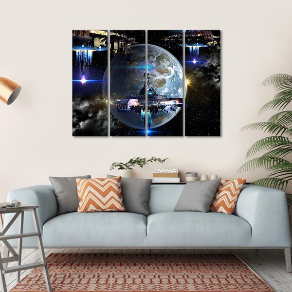 Alien Spaceship Moving Near Earth Canvas Wall Art-4 Horizontal-Gallery Wrap-34" x 24"-Tiaracle