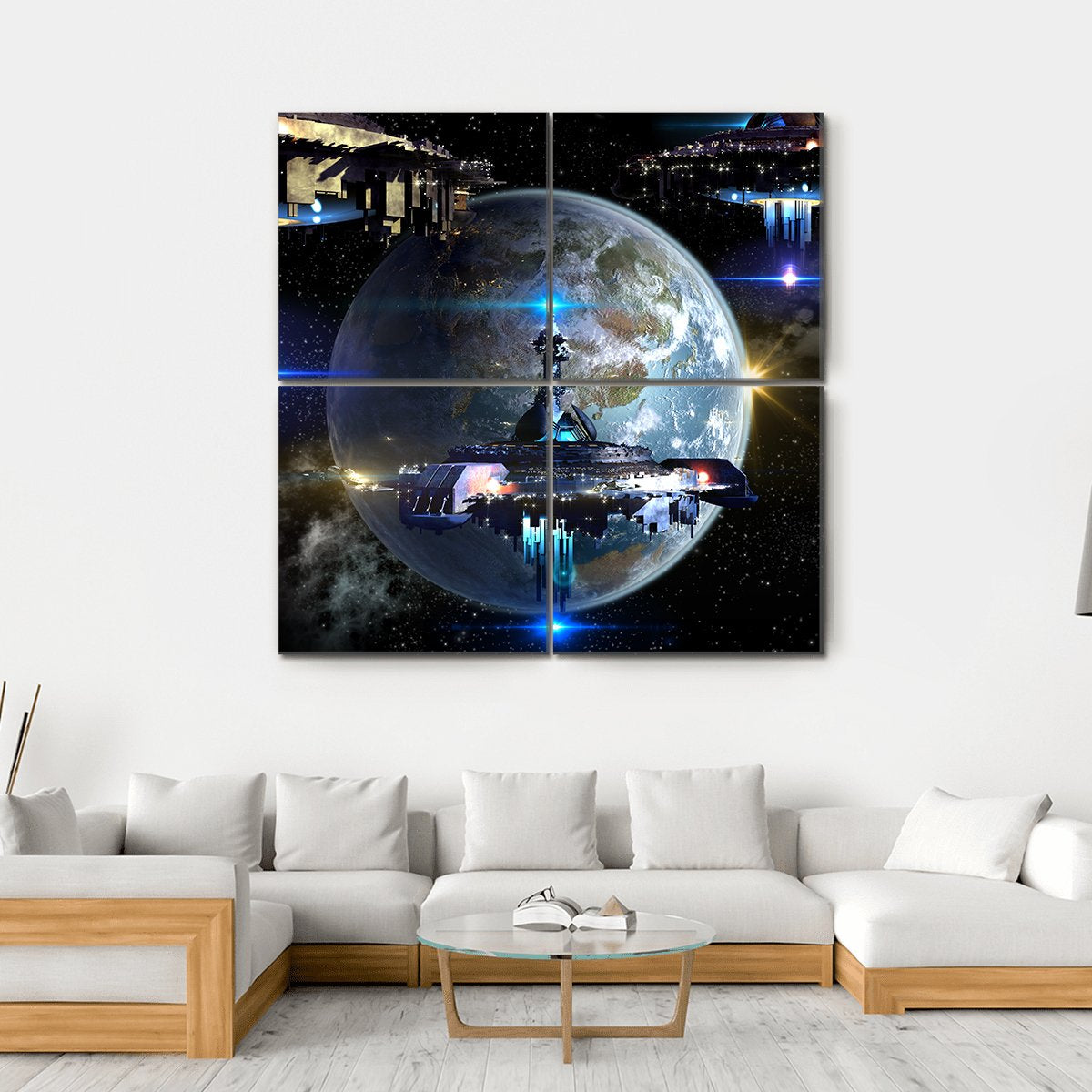 Alien Spaceship Moving Near Earth Canvas Wall Art-4 Square-Gallery Wrap-17" x 17"-Tiaracle