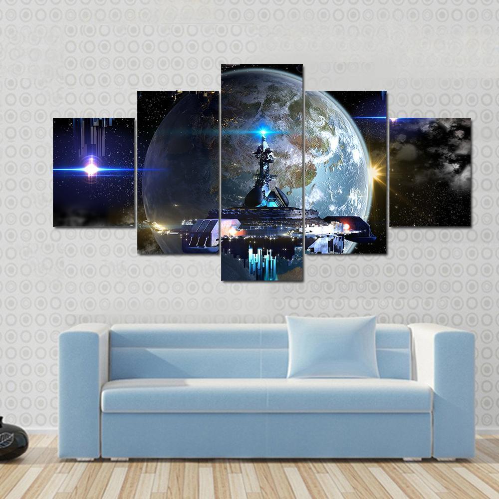 Alien Spaceship Moving Near Earth Canvas Wall Art-5 Star-Gallery Wrap-62" x 32"-Tiaracle