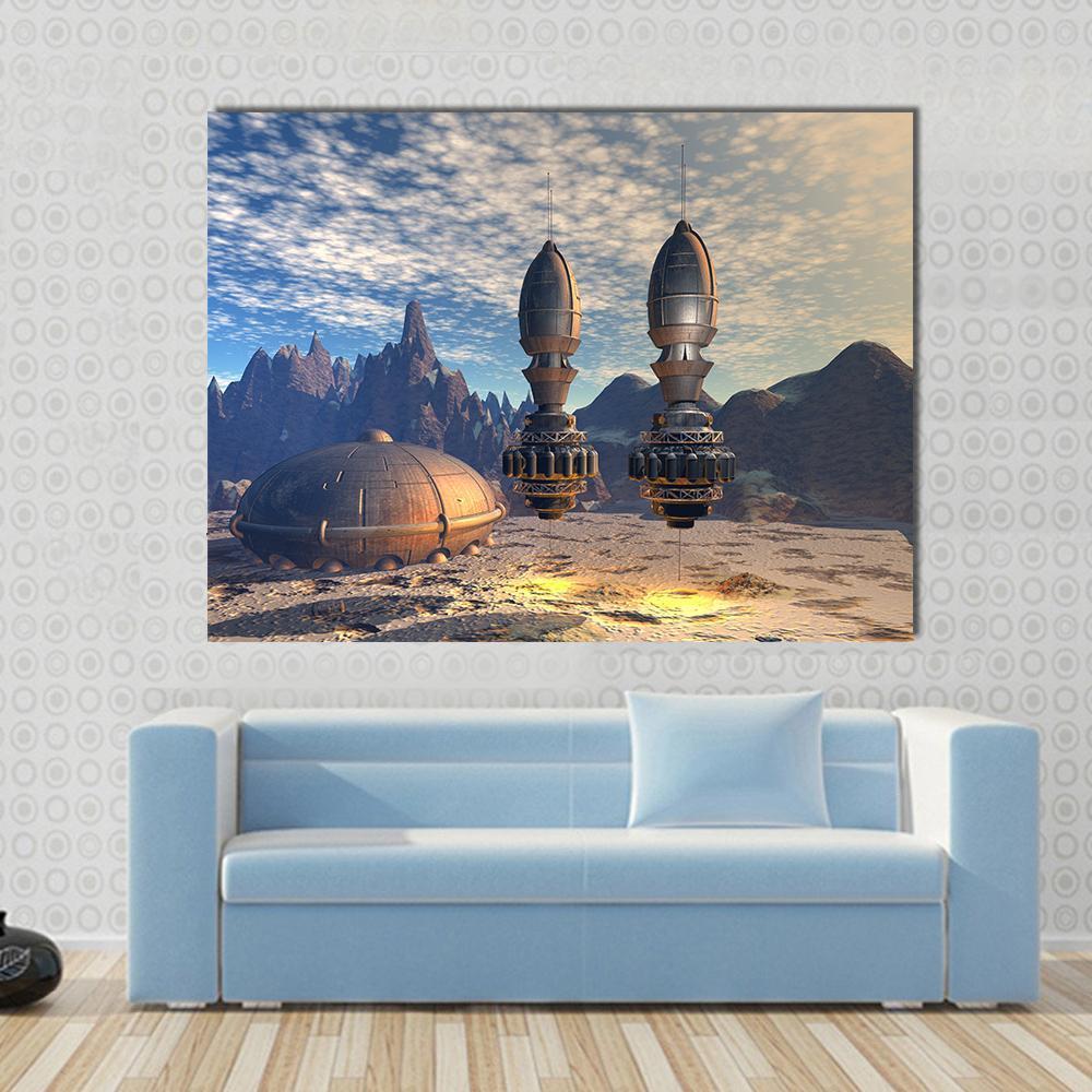 Alien Spaceship on Deep Planet Canvas Wall Art in gray, brown and blue, single panel hung on a wall