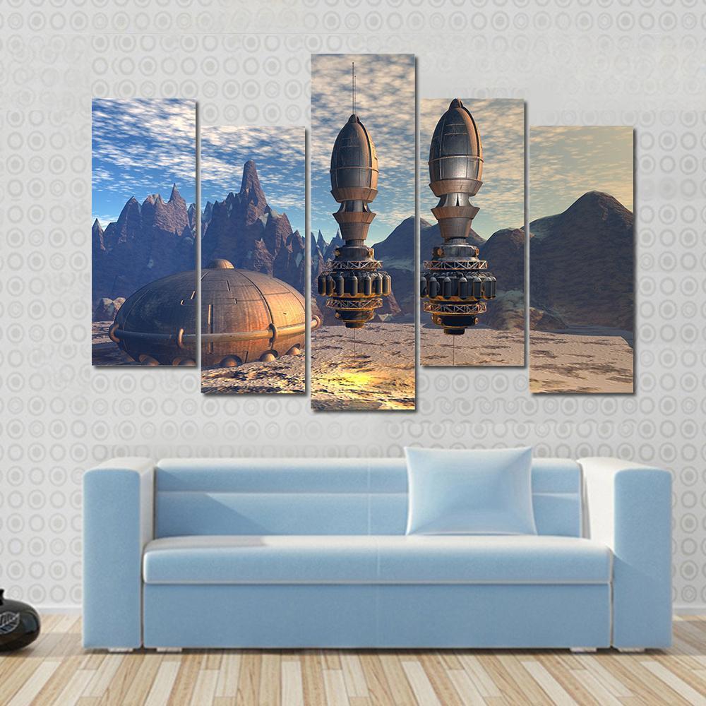 Alien Spaceship On Deep Planet Canvas Wall Art-5 Pop-Gallery Wrap-47" x 32"-Tiaracle