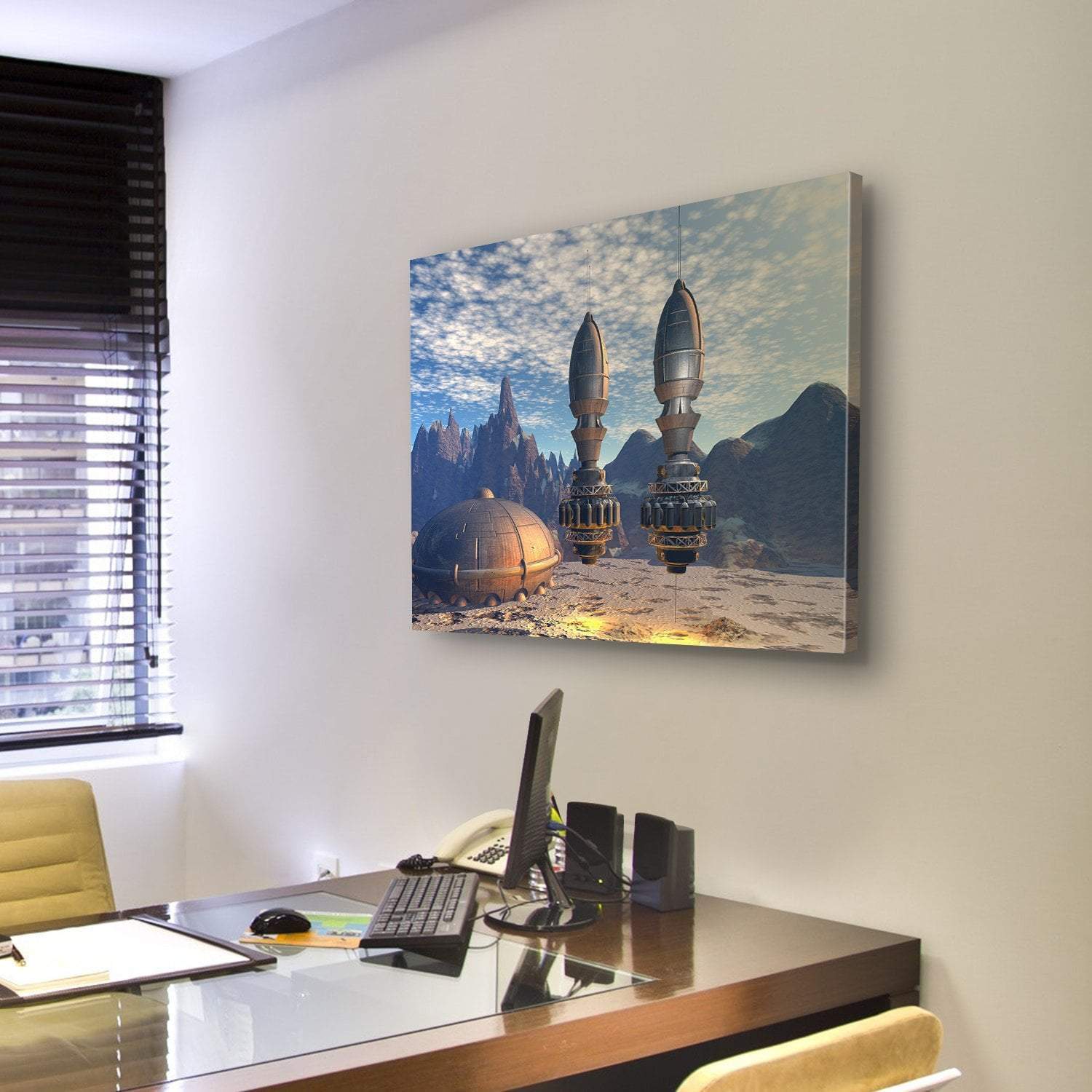 Alien Spaceship On Deep Planet Canvas Wall Art-3 Horizontal-Gallery Wrap-25" x 16"-Tiaracle