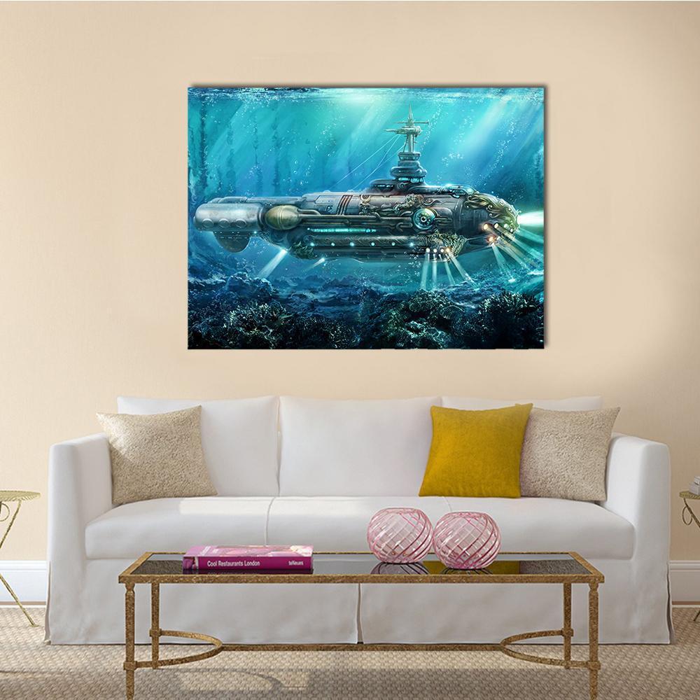 Alien Submarine In Sea Canvas Wall Art-1 Piece-Gallery Wrap-48" x 32"-Tiaracle