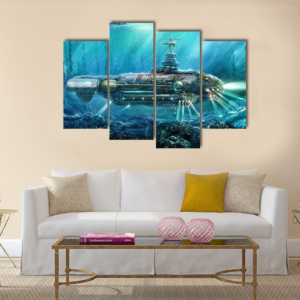 Alien Submarine In Sea Canvas Wall Art-4 Pop-Gallery Wrap-50" x 32"-Tiaracle