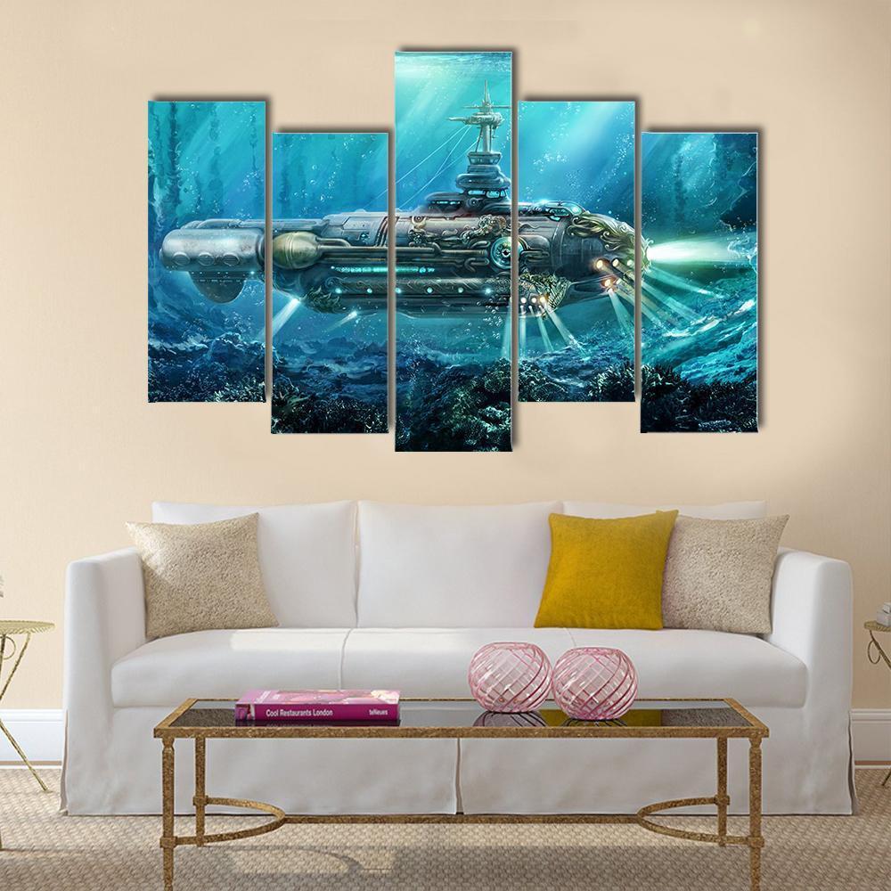 Alien Submarine In Sea Canvas Wall Art-5 Pop-Gallery Wrap-47" x 32"-Tiaracle