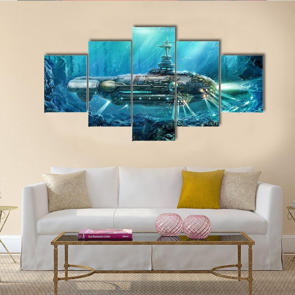 Alien Submarine In Sea Canvas Wall Art-5 Pop-Gallery Wrap-47" x 32"-Tiaracle
