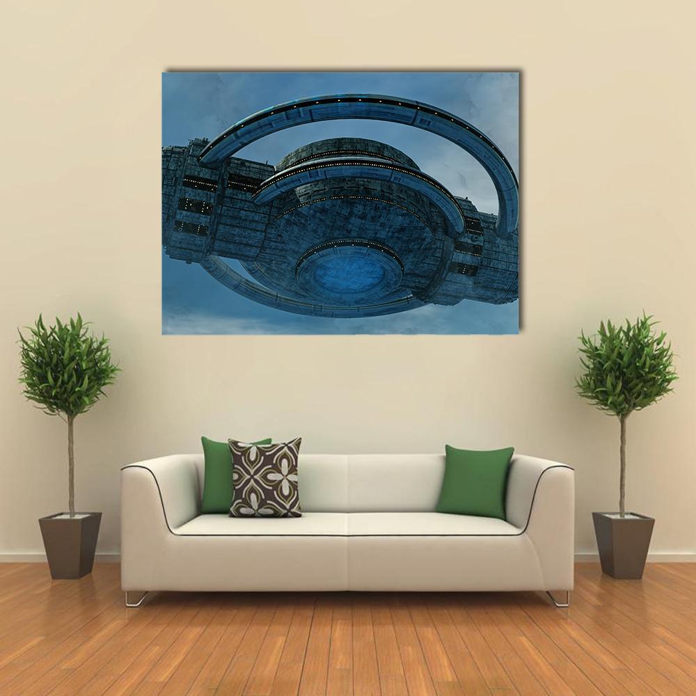 Alien Spacecraft with Glowing Core Canvas Wall Art in gray and blue, single panel hung on a wall