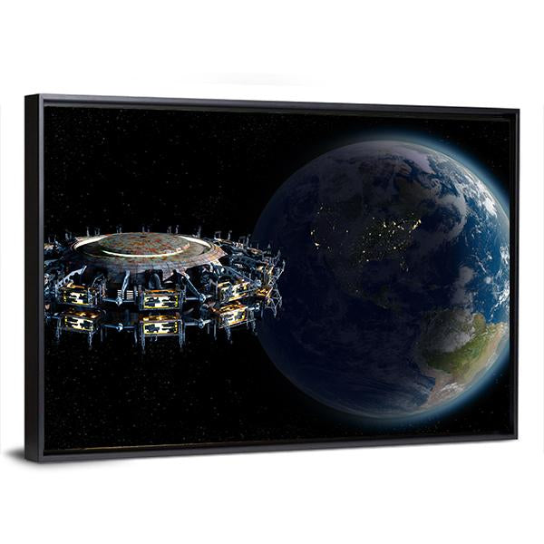 Alien UFO Near Earth Canvas Wall Art-3 Horizontal-Gallery Wrap-25" x 16"-Tiaracle