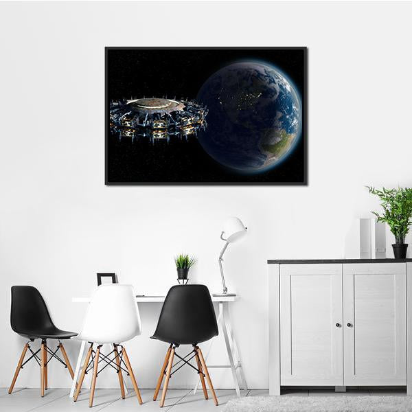 Alien UFO Near Earth Canvas Wall Art-3 Horizontal-Gallery Wrap-25" x 16"-Tiaracle