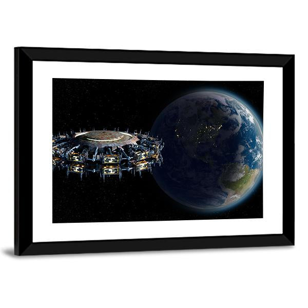 Alien UFO Near Earth Canvas Wall Art-3 Horizontal-Gallery Wrap-25" x 16"-Tiaracle