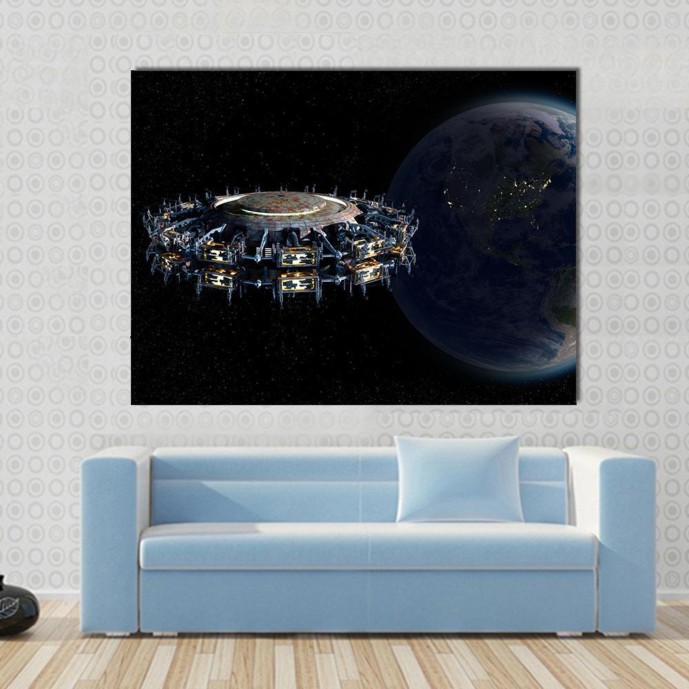 Alien Ufo Near Earth Canvas Wall Art in black and blue, single panel hung on a wall