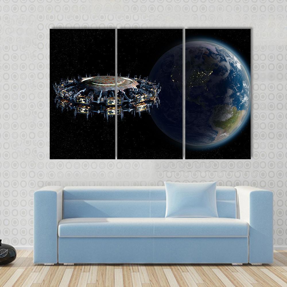 Alien UFO Near Earth Canvas Wall Art-3 Horizontal-Gallery Wrap-37" x 24"-Tiaracle