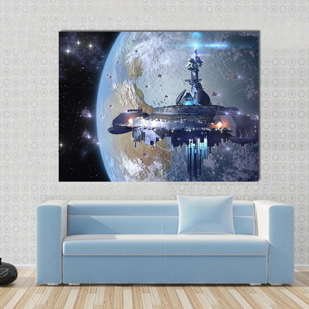 Aliens Mothership UFO Canvas Wall Art-1 Piece-Gallery Wrap-48" x 32"-Tiaracle