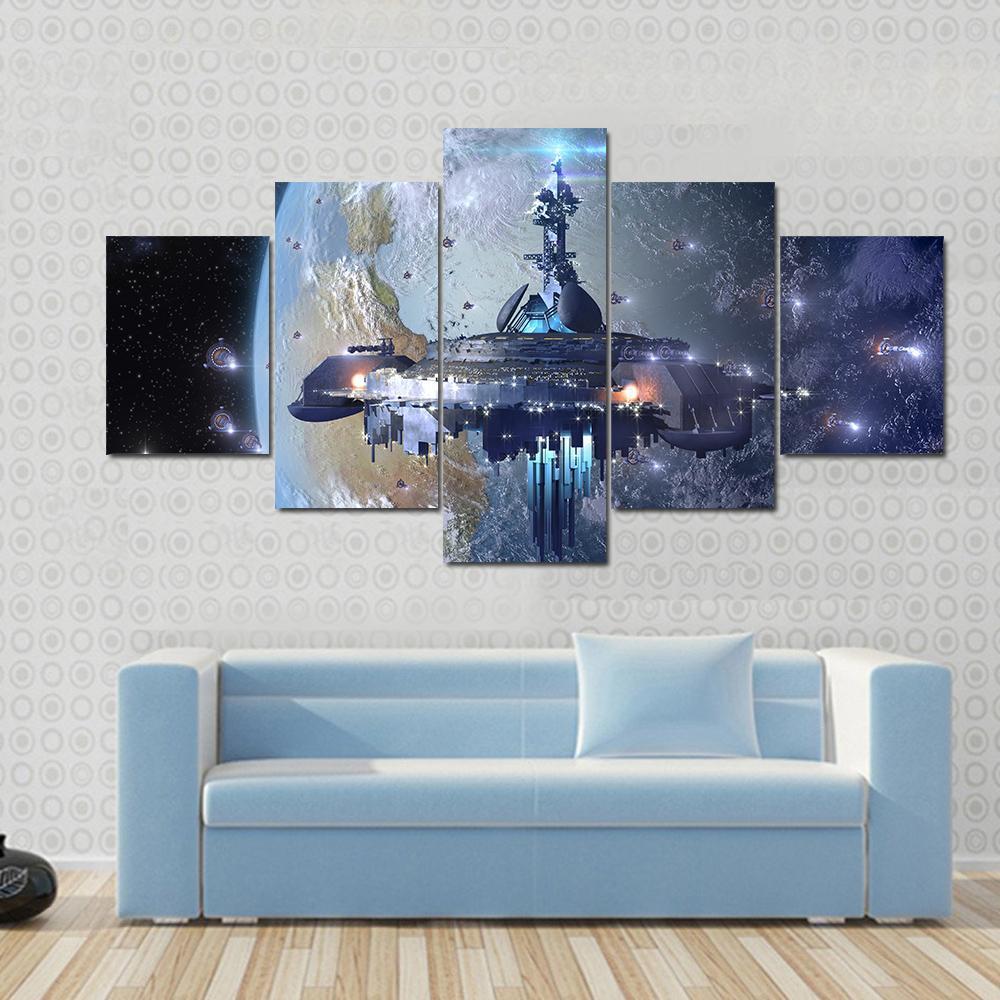 Aliens Mothership UFO Canvas Wall Art-5 Star-Gallery Wrap-62" x 32"-Tiaracle