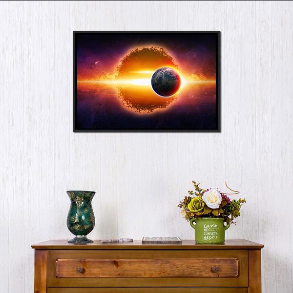 Aliens Planet Approaching Planet Earth Canvas Wall Art-1 Piece-Floating Frame-24" x 16"-Tiaracle
