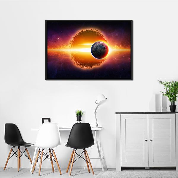 Aliens Planet Approaching Planet Earth Canvas Wall Art-1 Piece-Floating Frame-24" x 16"-Tiaracle