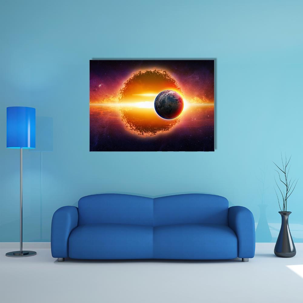 Alien Planet Approaching Earth Canvas Wall Art in black, orange and yellow, single panel hung on a wall