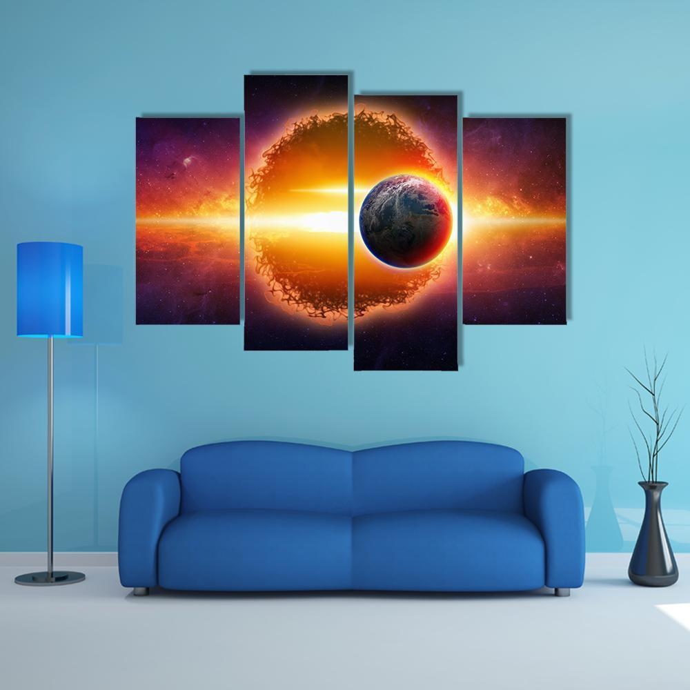 Aliens Planet Approaching Planet Earth Canvas Wall Art-5 Pop-Gallery Wrap-47" x 32"-Tiaracle