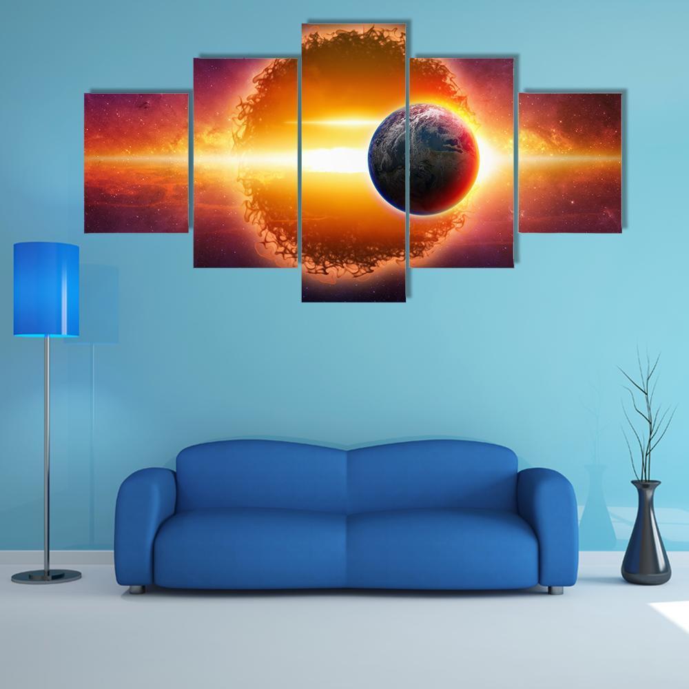 Aliens Planet Approaching Planet Earth Canvas Wall Art-5 Star-Gallery Wrap-62" x 32"-Tiaracle