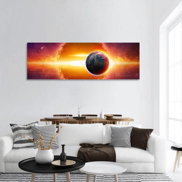 Aliens Planet Approaching Planet Earth Panoramic Canvas Wall Art-3 Piece-25" x 08"-Tiaracle