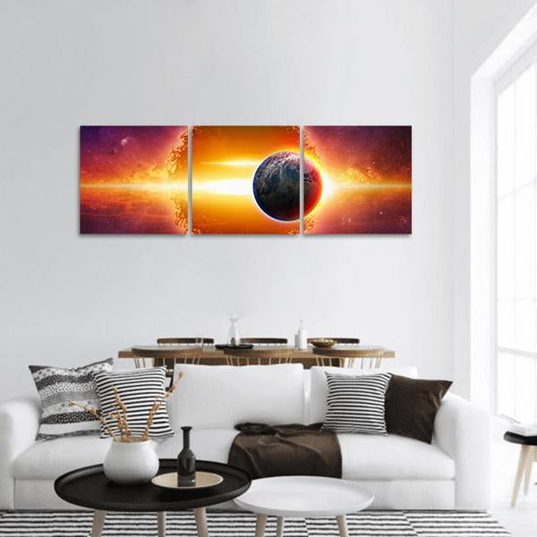 Aliens Planet Approaching Planet Earth Panoramic Canvas Wall Art-3 Piece-25" x 08"-Tiaracle