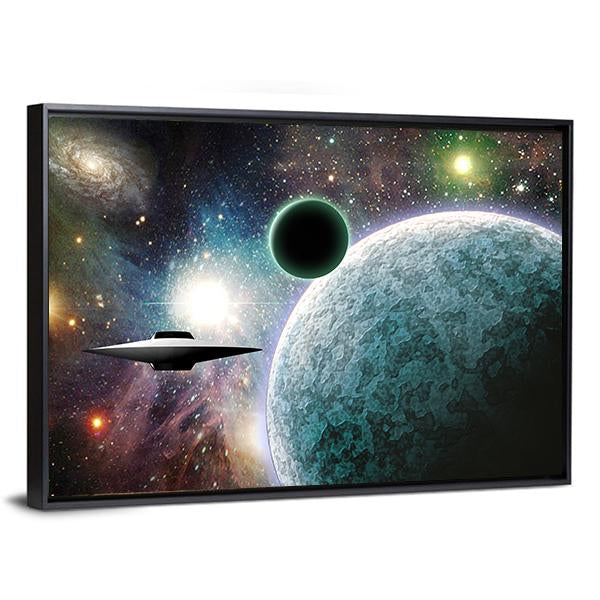 Aliens UFO In Deep Space Canvas Wall Art-3 Horizontal-Gallery Wrap-25" x 16"-Tiaracle