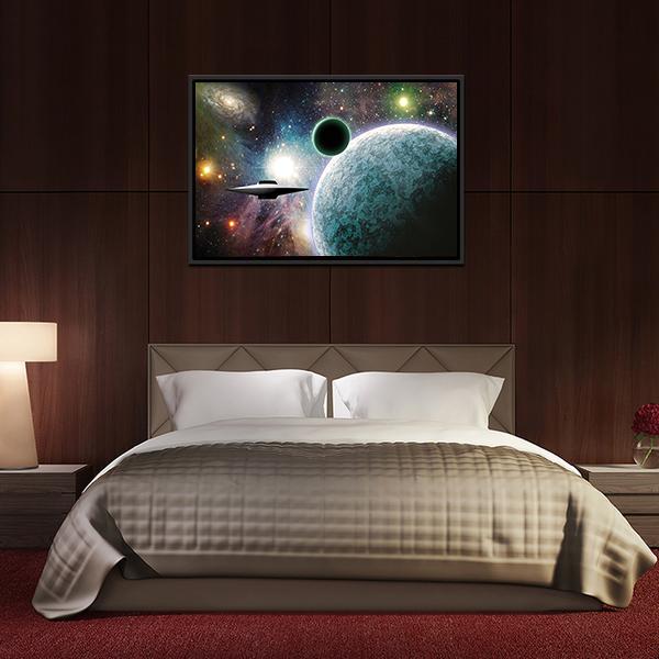 Aliens UFO In Deep Space Canvas Wall Art-3 Horizontal-Gallery Wrap-25" x 16"-Tiaracle