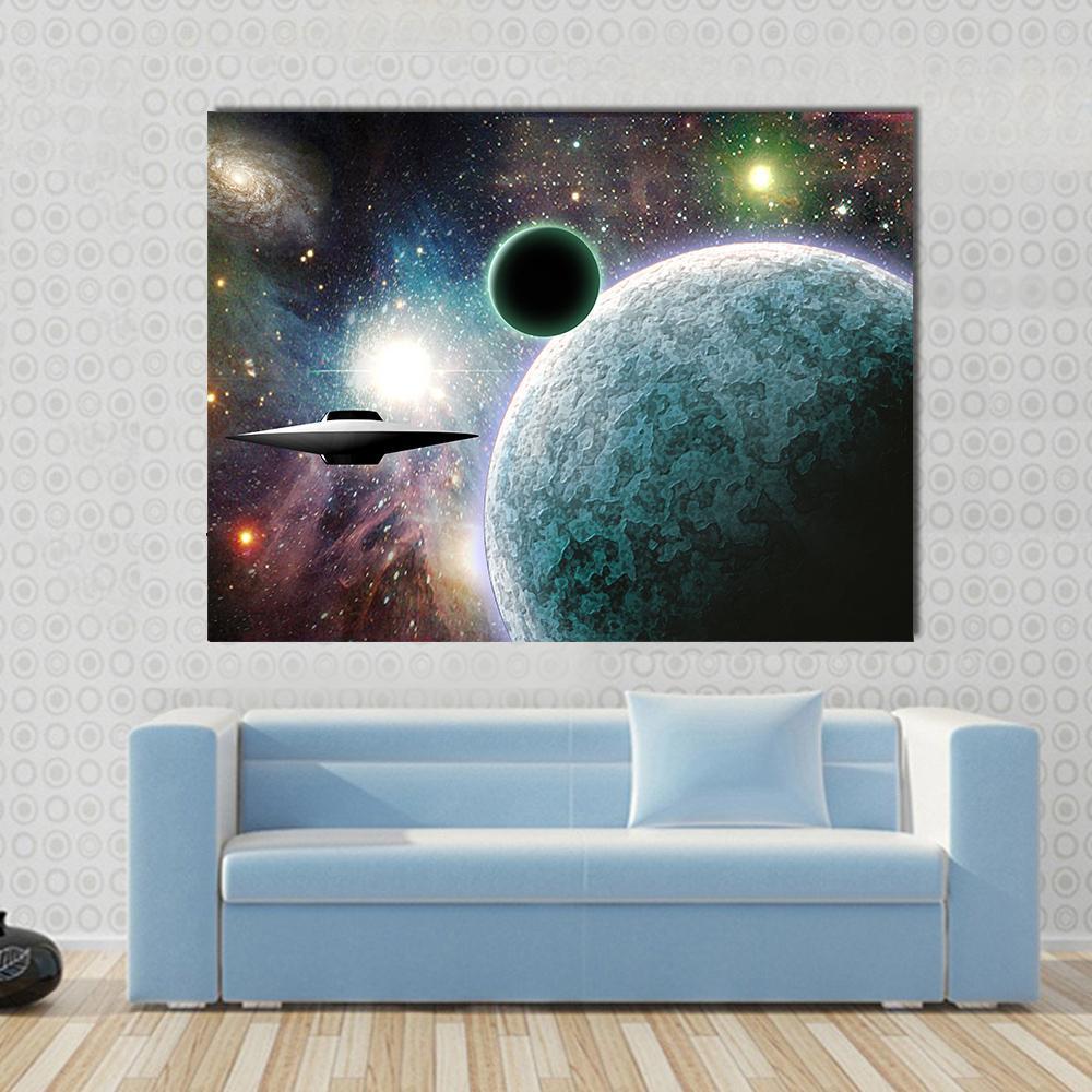 Aliens Ufo in Deep Space Canvas Wall Art in black, blue and multicolor, single panel hung on a wall
