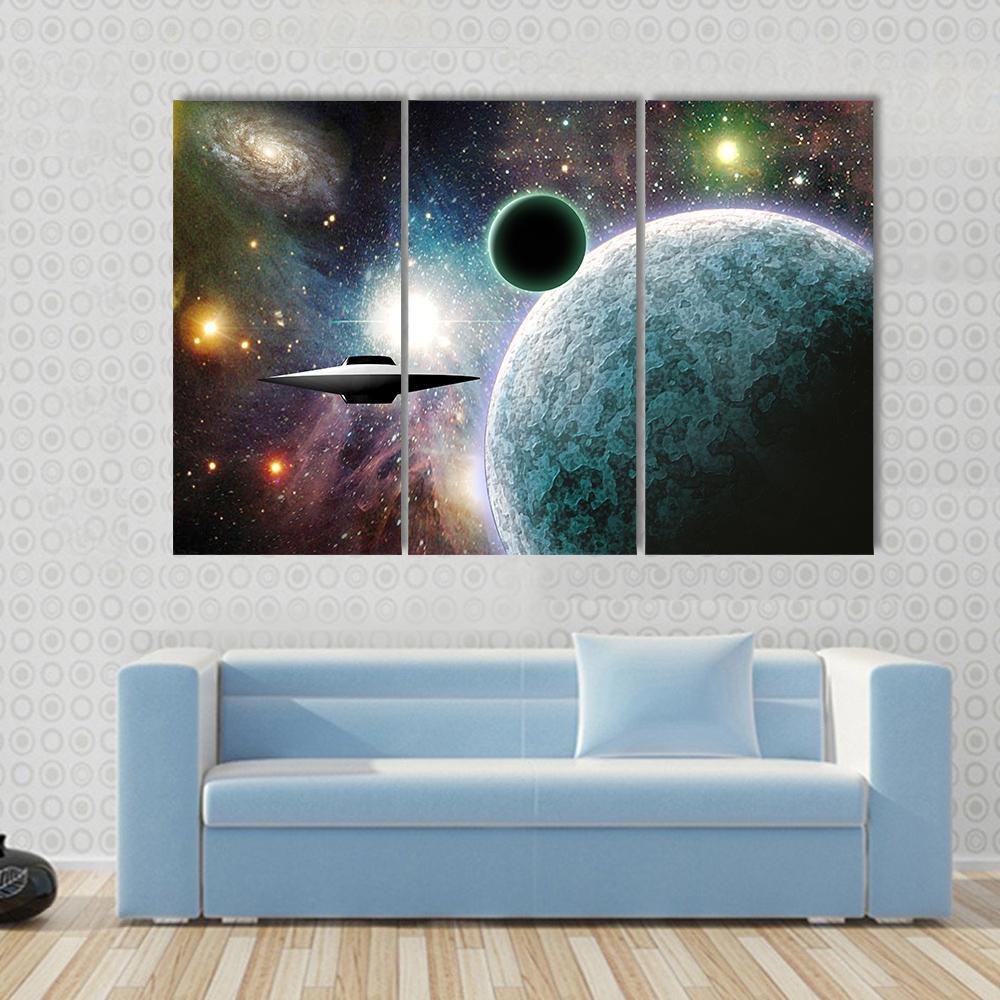 Aliens UFO In Deep Space Canvas Wall Art-3 Horizontal-Gallery Wrap-37" x 24"-Tiaracle