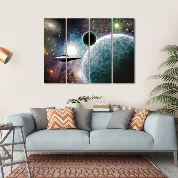 Aliens UFO In Deep Space Canvas Wall Art-4 Horizontal-Gallery Wrap-34" x 24"-Tiaracle