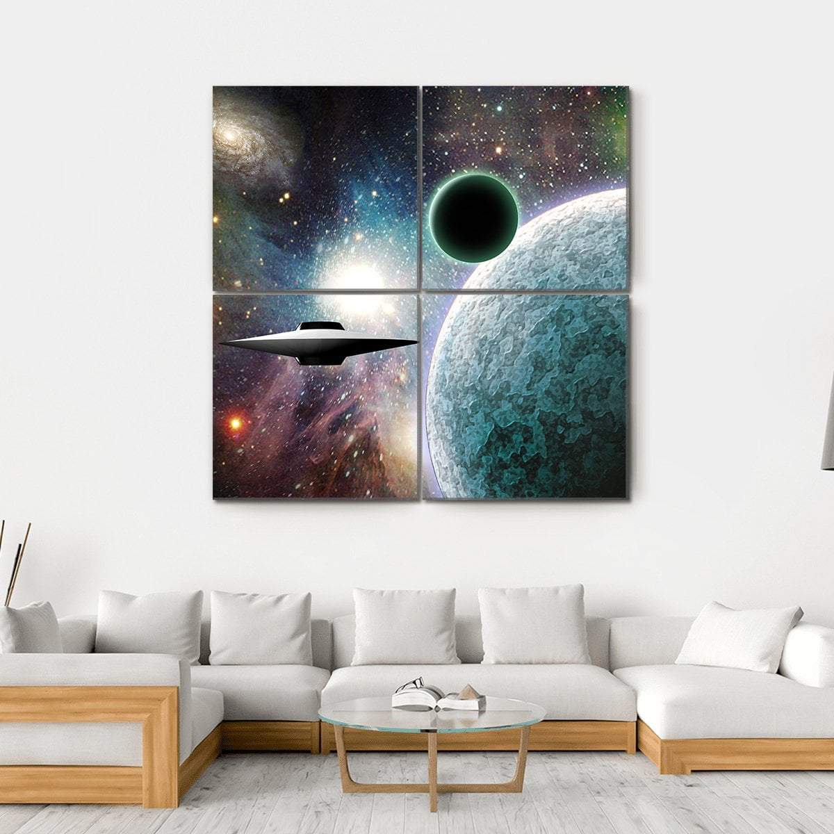 Aliens UFO In Deep Space Canvas Wall Art-4 Square-Gallery Wrap-17" x 17"-Tiaracle