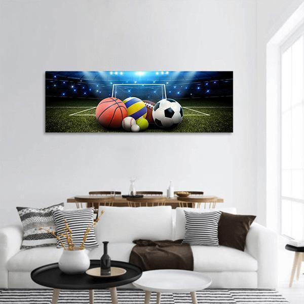 Sports Balls And Stadium Panoramic Canvas Wall Art-3 Piece-25" x 08"-Tiaracle
