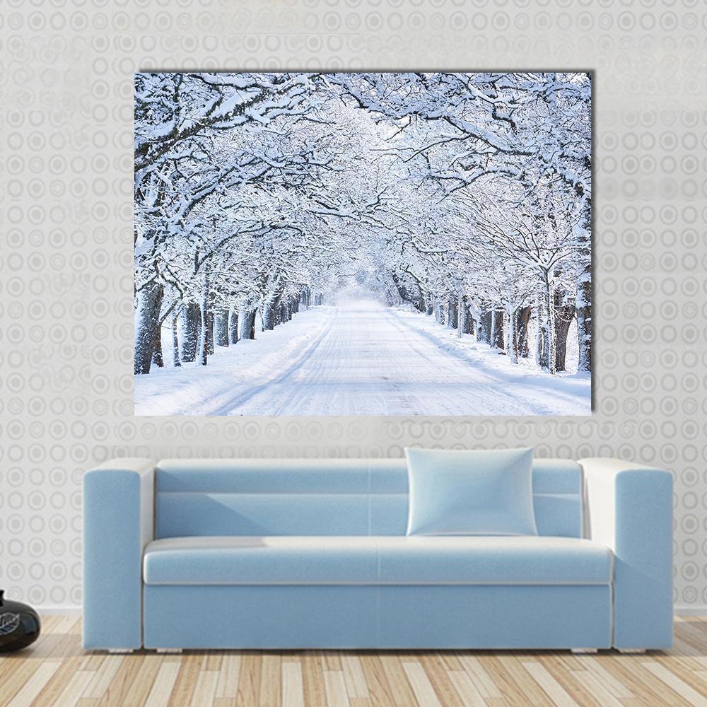 Alley in Snowy Morning Canvas Wall Art in white, gray and blue, single panel hung on a wall