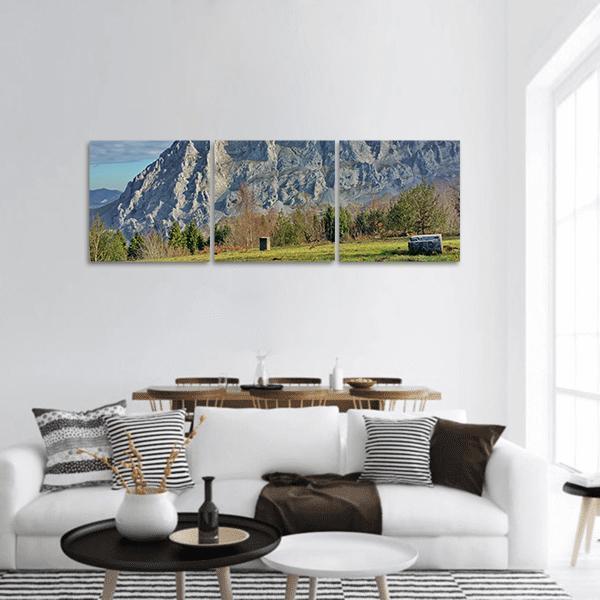 Limestone Peaks Over Grassy Meadow Panoramic Canvas Wall Art in gray, green and blue, hung on a wall