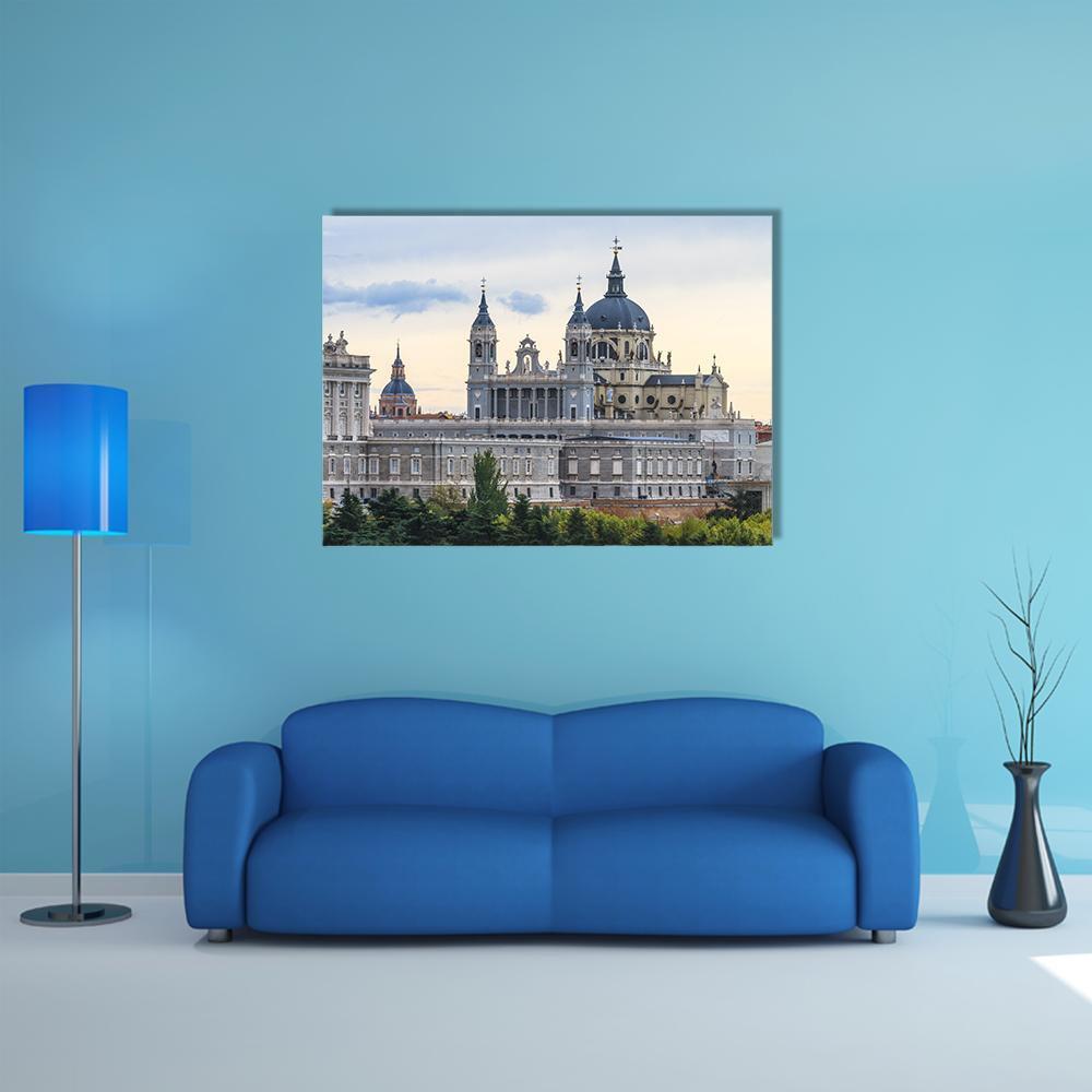 Almudena Cathedral Fine Canvas Wall Art in gray, beige and blue, single panel hung on a wall