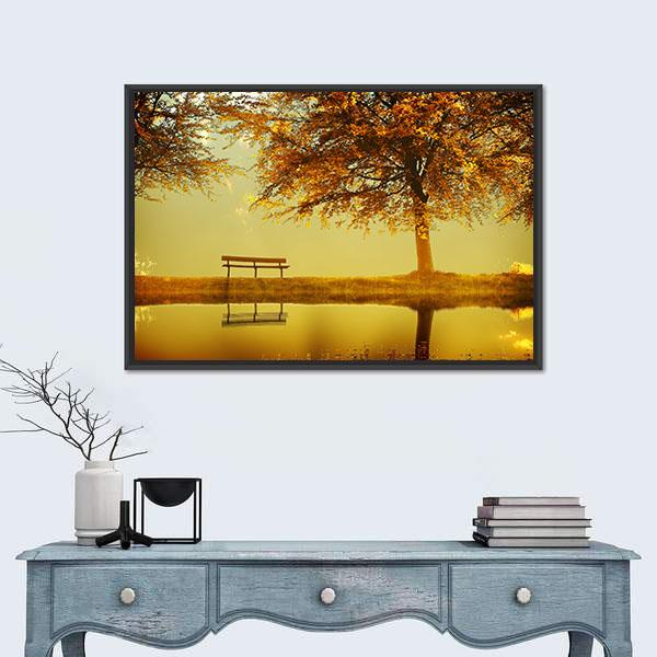 Alone Bench In Autumn Park Canvas Wall Art-1 Piece-Floating Frame-24" x 16"-Tiaracle