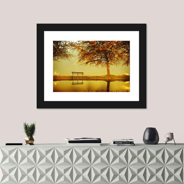 Alone Bench In Autumn Park Canvas Wall Art-1 Piece-Framed Print-20" x 16"-Tiaracle