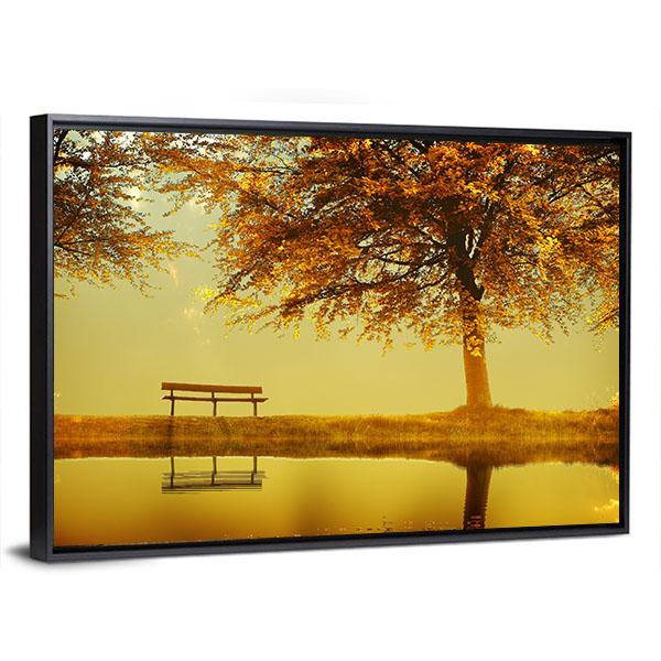 Alone Bench In Autumn Park Canvas Wall Art-3 Horizontal-Gallery Wrap-25" x 16"-Tiaracle