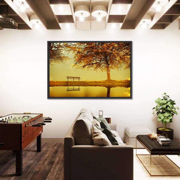 Alone Bench In Autumn Park Canvas Wall Art-3 Horizontal-Gallery Wrap-25" x 16"-Tiaracle