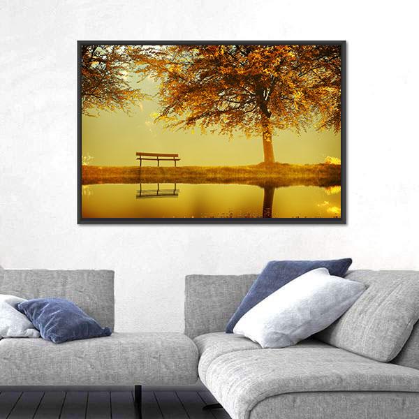 Alone Bench In Autumn Park Canvas Wall Art-3 Horizontal-Gallery Wrap-25" x 16"-Tiaracle