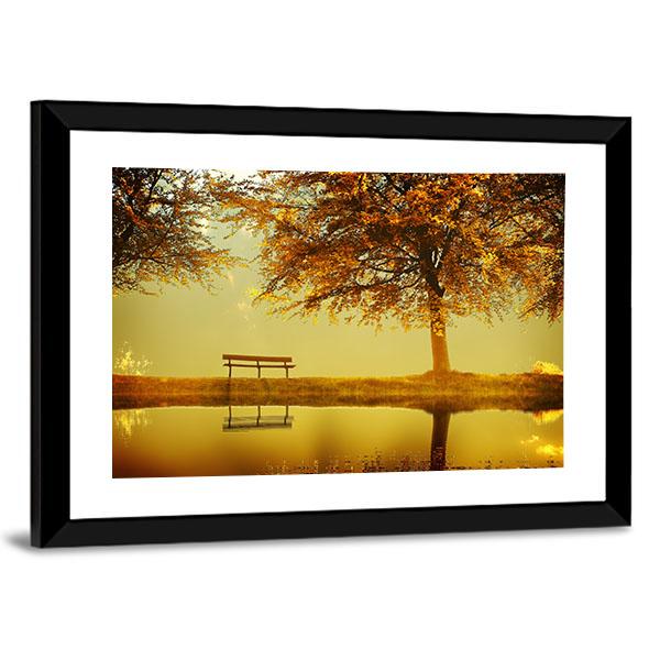 Alone Bench In Autumn Park Canvas Wall Art-3 Horizontal-Gallery Wrap-25" x 16"-Tiaracle