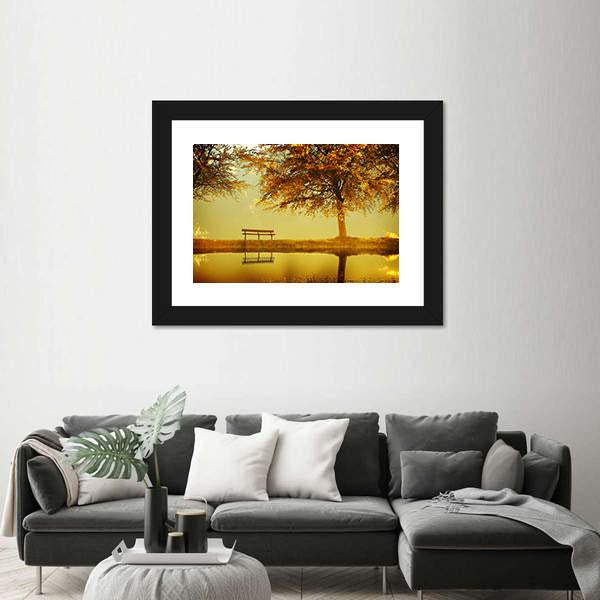 Alone Bench In Autumn Park Canvas Wall Art-3 Horizontal-Gallery Wrap-25" x 16"-Tiaracle