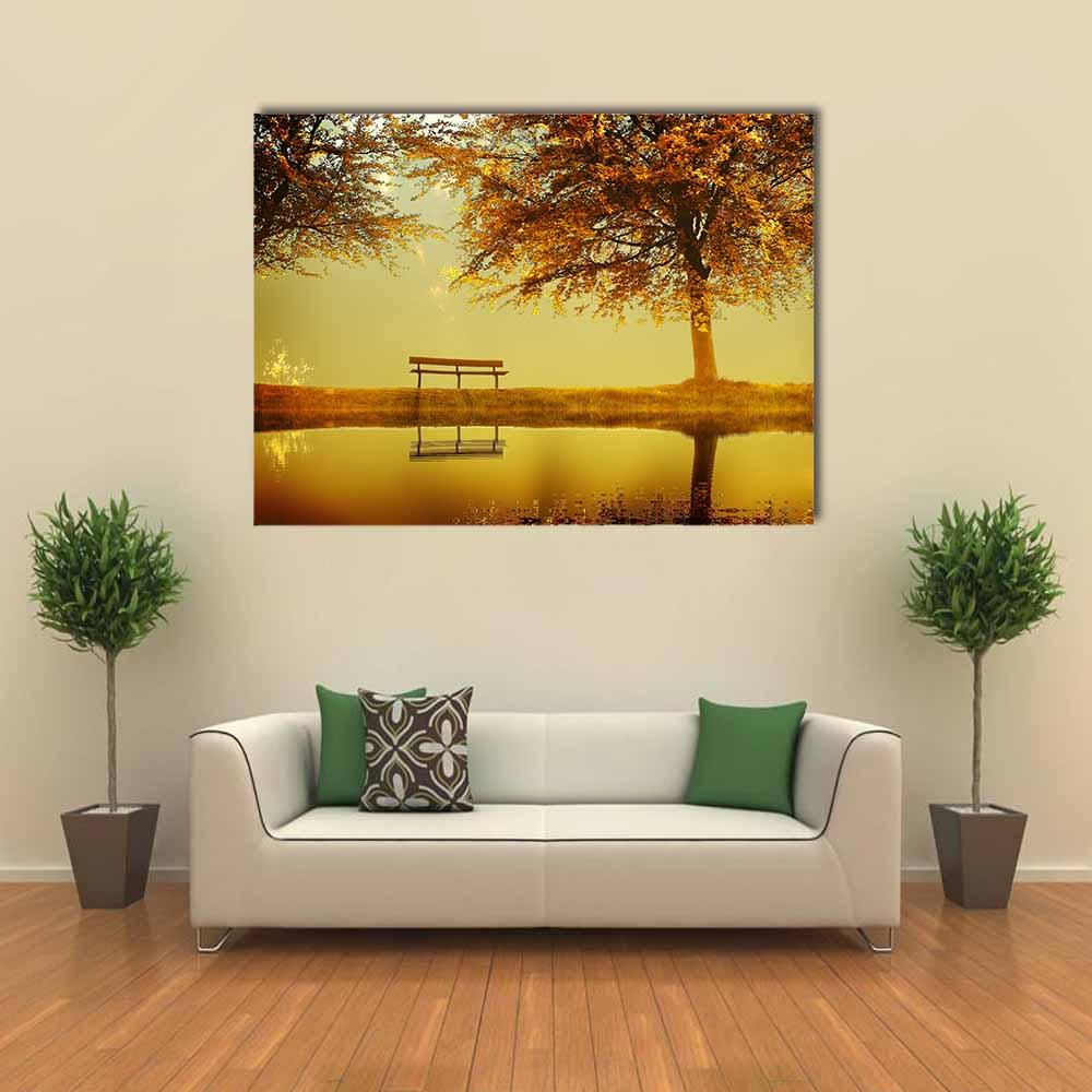 Alone Bench In Autumn Park Canvas Wall Art-1 Piece-Gallery Wrap-24" x 16"-Tiaracle