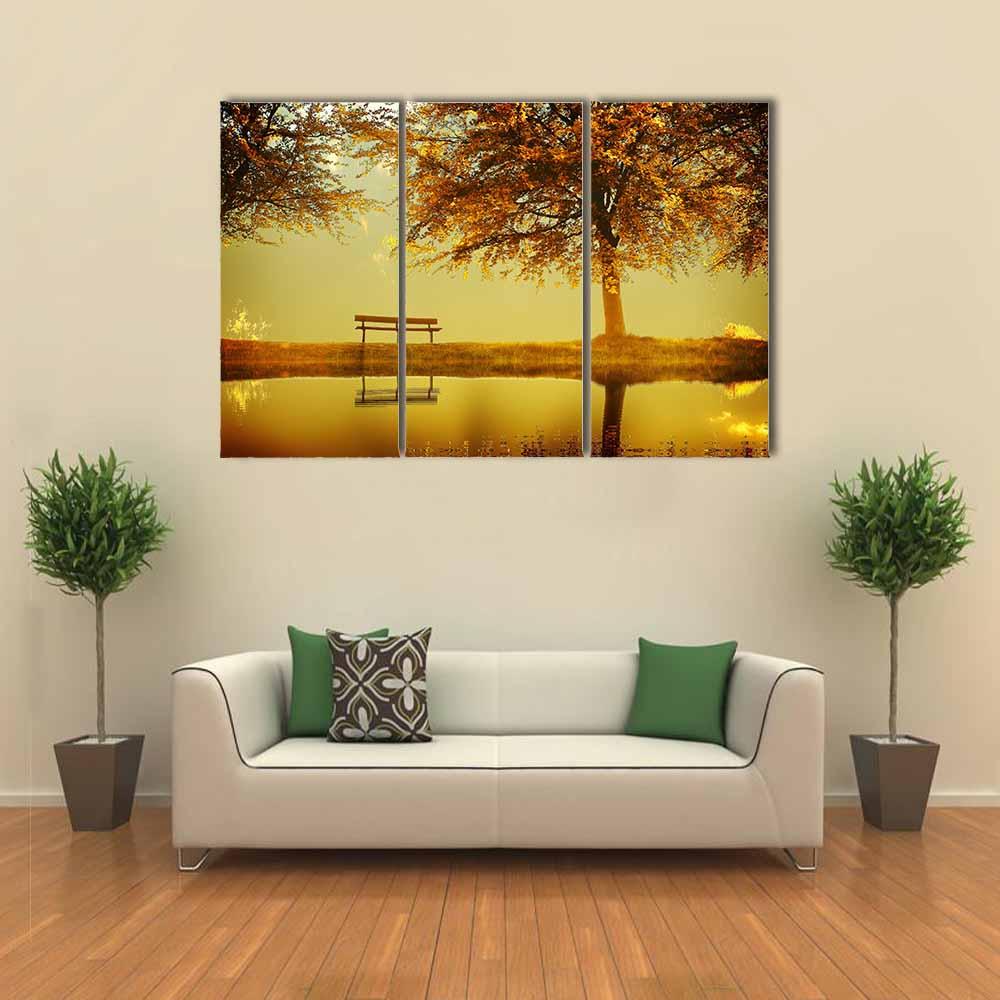 Alone Bench In Autumn Park Canvas Wall Art-3 Horizontal-Gallery Wrap-25" x 16"-Tiaracle
