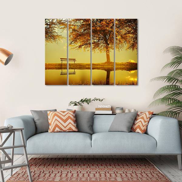 Alone Bench In Autumn Park Canvas Wall Art-4 Horizontal-Gallery Wrap-34" x 24"-Tiaracle