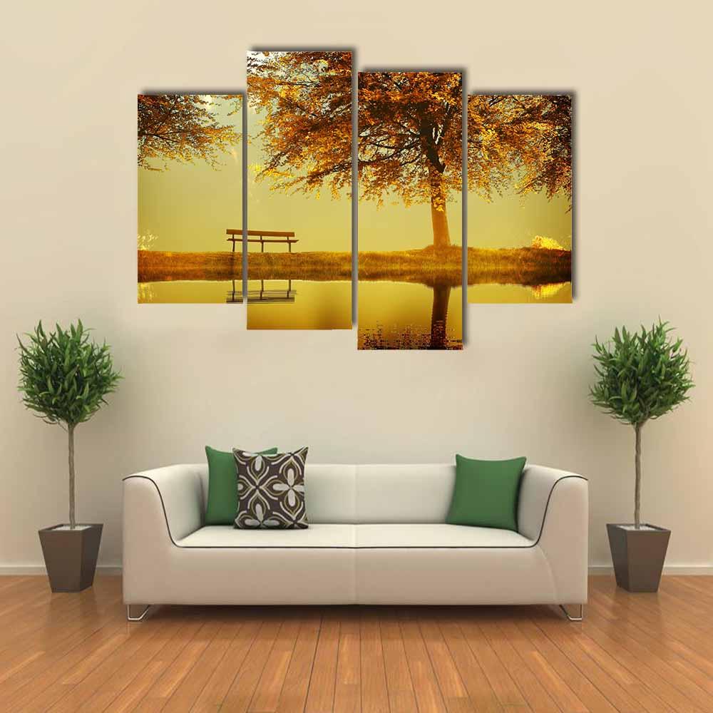 Alone Bench In Autumn Park Canvas Wall Art-4 Pop-Gallery Wrap-34" x 20"-Tiaracle