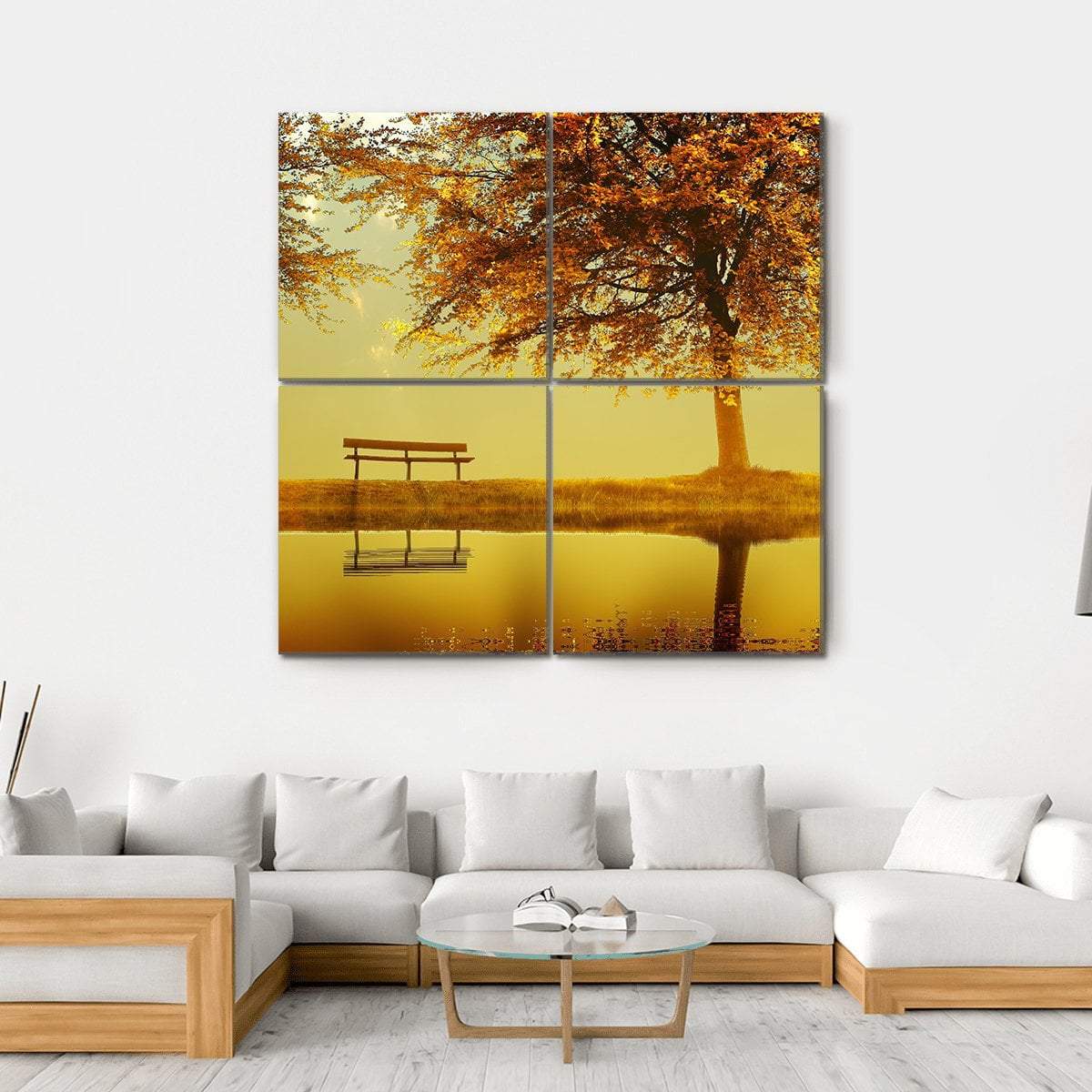 Alone Bench In Autumn Park Canvas Wall Art-4 Square-Gallery Wrap-17" x 17"-Tiaracle