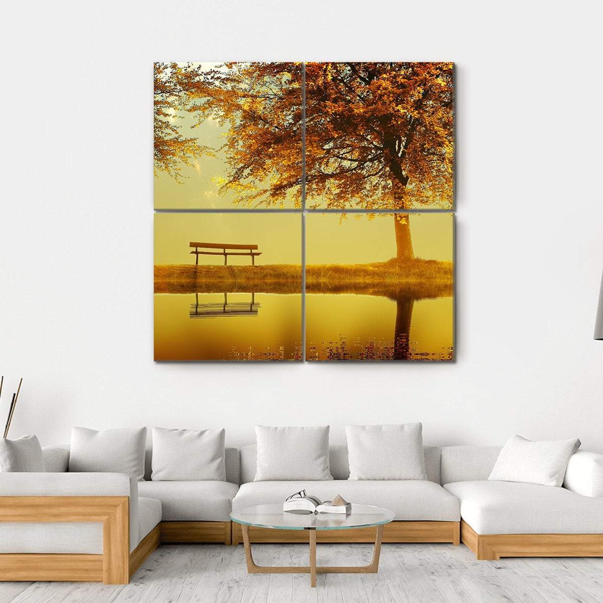 Alone Bench In Autumn Park Canvas Wall Art-4 Square-Gallery Wrap-17" x 17"-Tiaracle