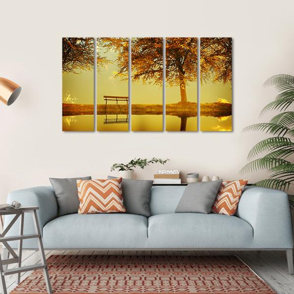 Alone Bench In Autumn Park Canvas Wall Art-5 Horizontal-Gallery Wrap-22" x 12"-Tiaracle