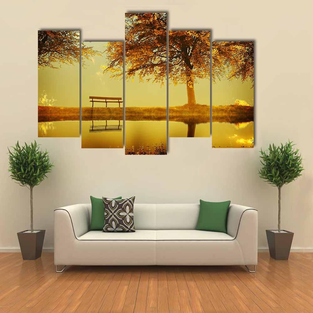Alone Bench In Autumn Park Canvas Wall Art-5 Pop-Gallery Wrap-32" x 21"-Tiaracle